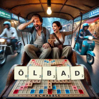 Kreative Illustration für ein Scrabble-Spiel, bei dem das Wort ÖLBAD mit Steinen auf dem Brett gelegt wurde.
