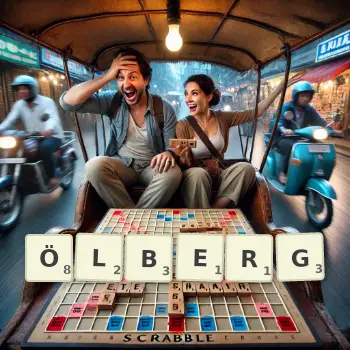 Kreative Illustration für ein Scrabble-Spiel, bei dem das Wort ÖLBERG mit Steinen auf dem Brett gelegt wurde.