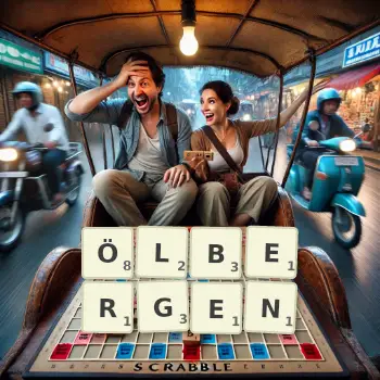 Kreative Illustration für ein Scrabble-Spiel, bei dem das Wort ÖLBERGEN mit Steinen auf dem Brett gelegt wurde.