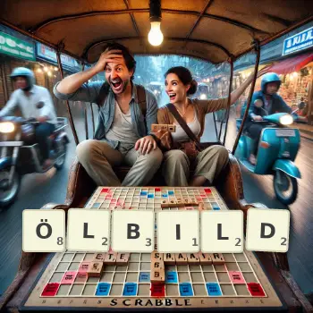 Kreative Illustration für ein Scrabble-Spiel, bei dem das Wort ÖLBILD mit Steinen auf dem Brett gelegt wurde.