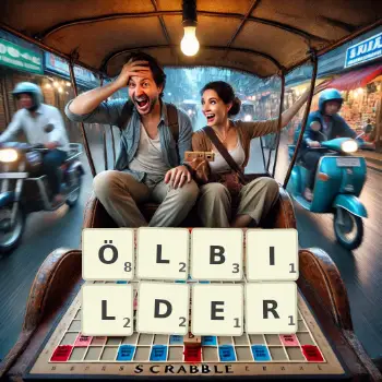 Kreative Illustration für ein Scrabble-Spiel, bei dem das Wort ÖLBILDER mit Steinen auf dem Brett gelegt wurde.