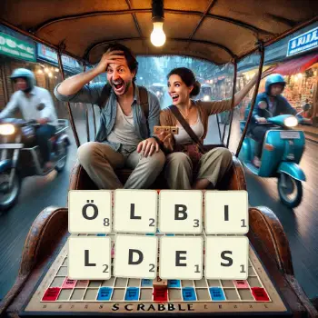 Kreative Illustration für ein Scrabble-Spiel, bei dem das Wort ÖLBILDES mit Steinen auf dem Brett gelegt wurde.