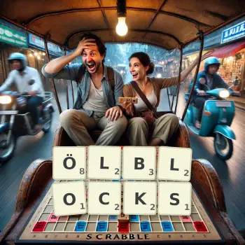 Kreative Illustration für ein Scrabble-Spiel, bei dem das Wort ÖLBLOCKS mit Steinen auf dem Brett gelegt wurde.