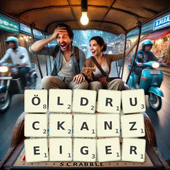 Kreative Illustration für ein Scrabble-Spiel, bei dem das Wort ÖLDRUCKANZEIGER mit Steinen auf dem Brett gelegt wurde.
