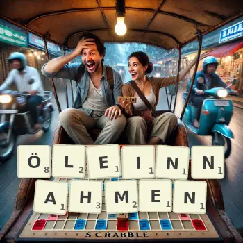 Kreative Illustration für ein Scrabble-Spiel, bei dem das Wort ÖLEINNAHMEN mit Steinen auf dem Brett gelegt wurde.