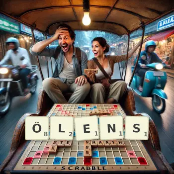 Kreative Illustration für ein Scrabble-Spiel, bei dem das Wort ÖLENS mit Steinen auf dem Brett gelegt wurde.
