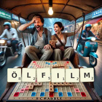 Kreative Illustration für ein Scrabble-Spiel, bei dem das Wort ÖLFILM mit Steinen auf dem Brett gelegt wurde.