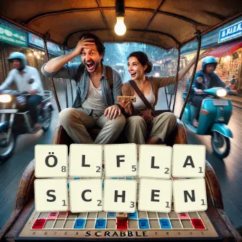 Kreative Illustration für ein Scrabble-Spiel, bei dem das Wort ÖLFLASCHEN mit Steinen auf dem Brett gelegt wurde.
