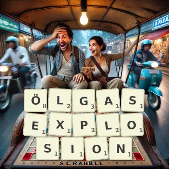 Kreative Illustration für ein Scrabble-Spiel, bei dem das Wort ÖLGASEXPLOSION mit Steinen auf dem Brett gelegt wurde.