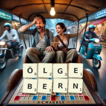 Kreative Illustration für ein Scrabble-Spiel, bei dem das Wort ÖLGEBERN mit Steinen auf dem Brett gelegt wurde.