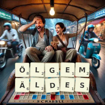Kreative Illustration für ein Scrabble-Spiel, bei dem das Wort ÖLGEMÄLDES mit Steinen auf dem Brett gelegt wurde.