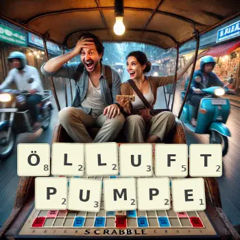 Kreative Illustration für ein Scrabble-Spiel, bei dem das Wort ÖLLUFTPUMPE mit Steinen auf dem Brett gelegt wurde.