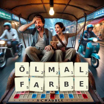 Kreative Illustration für ein Scrabble-Spiel, bei dem das Wort ÖLMALFARBE mit Steinen auf dem Brett gelegt wurde.