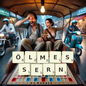 Kreative Illustration für ein Scrabble-Spiel, bei dem das Wort ÖLMESSERN mit Steinen auf dem Brett gelegt wurde.