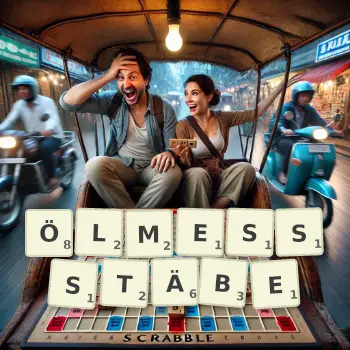 Kreative Illustration für ein Scrabble-Spiel, bei dem das Wort ÖLMESSSTÄBE mit Steinen auf dem Brett gelegt wurde.