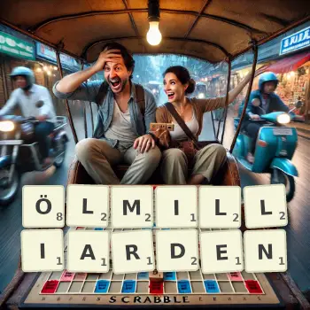 Kreative Illustration für ein Scrabble-Spiel, bei dem das Wort ÖLMILLIARDEN mit Steinen auf dem Brett gelegt wurde.