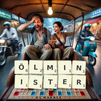 Kreative Illustration für ein Scrabble-Spiel, bei dem das Wort ÖLMINISTER mit Steinen auf dem Brett gelegt wurde.