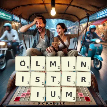 Kreative Illustration für ein Scrabble-Spiel, bei dem das Wort ÖLMINISTERIUM mit Steinen auf dem Brett gelegt wurde.