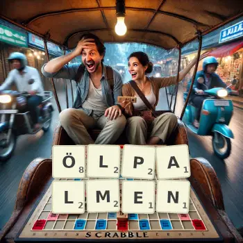 Kreative Illustration für ein Scrabble-Spiel, bei dem das Wort ÖLPALMEN mit Steinen auf dem Brett gelegt wurde.