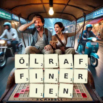 Kreative Illustration für ein Scrabble-Spiel, bei dem das Wort ÖLRAFFINERIEN mit Steinen auf dem Brett gelegt wurde.