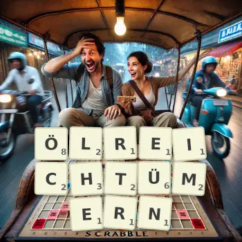 Kreative Illustration für ein Scrabble-Spiel, bei dem das Wort ÖLREICHTÜMERN mit Steinen auf dem Brett gelegt wurde.