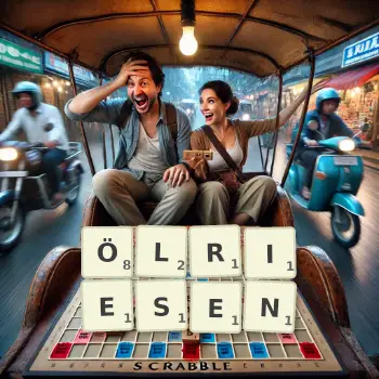 Kreative Illustration für ein Scrabble-Spiel, bei dem das Wort ÖLRIESEN mit Steinen auf dem Brett gelegt wurde.