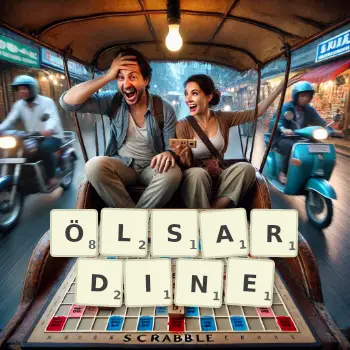 Kreative Illustration für ein Scrabble-Spiel, bei dem das Wort ÖLSARDINE mit Steinen auf dem Brett gelegt wurde.