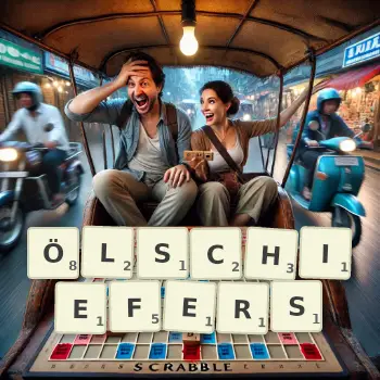 Kreative Illustration für ein Scrabble-Spiel, bei dem das Wort ÖLSCHIEFERS mit Steinen auf dem Brett gelegt wurde.