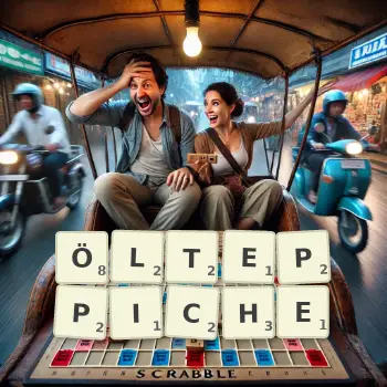 Kreative Illustration für ein Scrabble-Spiel, bei dem das Wort ÖLTEPPICHE mit Steinen auf dem Brett gelegt wurde.
