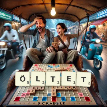 Kreative Illustration für ein Scrabble-Spiel, bei dem das Wort ÖLTET mit Steinen auf dem Brett gelegt wurde.