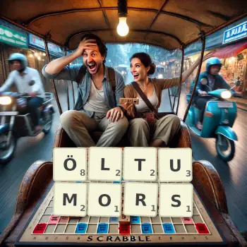 Kreative Illustration für ein Scrabble-Spiel, bei dem das Wort ÖLTUMORS mit Steinen auf dem Brett gelegt wurde.