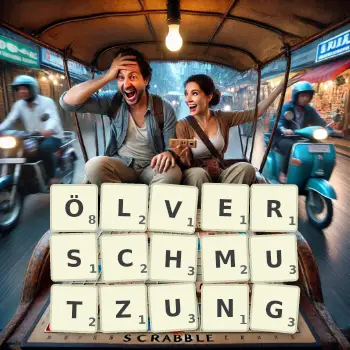 Kreative Illustration für ein Scrabble-Spiel, bei dem das Wort ÖLVERSCHMUTZUNG mit Steinen auf dem Brett gelegt wurde.