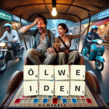Kreative Illustration für ein Scrabble-Spiel, bei dem das Wort ÖLWEIDEN mit Steinen auf dem Brett gelegt wurde.