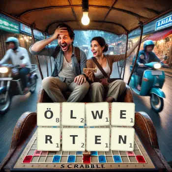 Kreative Illustration für ein Scrabble-Spiel, bei dem das Wort ÖLWERTEN mit Steinen auf dem Brett gelegt wurde.