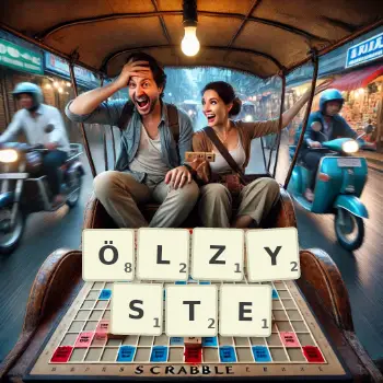 Kreative Illustration für ein Scrabble-Spiel, bei dem das Wort ÖLZYSTE mit Steinen auf dem Brett gelegt wurde.