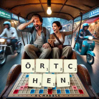 Kreative Illustration für ein Scrabble-Spiel, bei dem das Wort ÖRTCHEN mit Steinen auf dem Brett gelegt wurde.