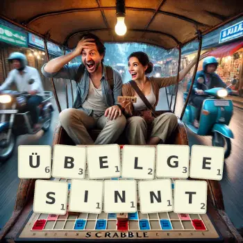 Kreative Illustration für ein Scrabble-Spiel, bei dem das Wort ÜBELGESINNT mit Steinen auf dem Brett gelegt wurde.