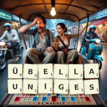 Kreative Illustration für ein Scrabble-Spiel, bei dem das Wort ÜBELLAUNIGES mit Steinen auf dem Brett gelegt wurde.