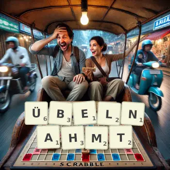 Kreative Illustration für ein Scrabble-Spiel, bei dem das Wort ÜBELNAHMT mit Steinen auf dem Brett gelegt wurde.