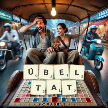 Kreative Illustration für ein Scrabble-Spiel, bei dem das Wort ÜBELTAT mit Steinen auf dem Brett gelegt wurde.