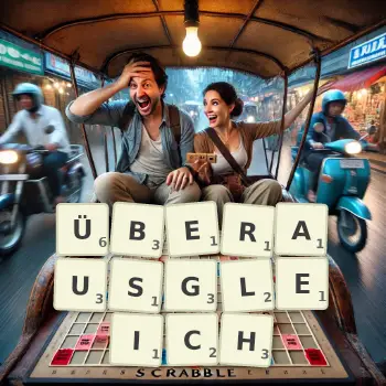 Kreative Illustration für ein Scrabble-Spiel, bei dem das Wort ÜBERAUSGLEICH mit Steinen auf dem Brett gelegt wurde.