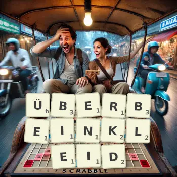 Kreative Illustration für ein Scrabble-Spiel, bei dem das Wort ÜBERBEINKLEID mit Steinen auf dem Brett gelegt wurde.
