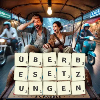 Kreative Illustration für ein Scrabble-Spiel, bei dem das Wort ÜBERBESETZUNGEN mit Steinen auf dem Brett gelegt wurde.