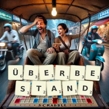 Kreative Illustration für ein Scrabble-Spiel, bei dem das Wort ÜBERBESTAND mit Steinen auf dem Brett gelegt wurde.