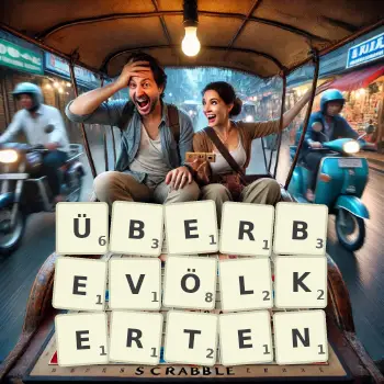 Kreative Illustration für ein Scrabble-Spiel, bei dem das Wort ÜBERBEVÖLKERTEN mit Steinen auf dem Brett gelegt wurde.