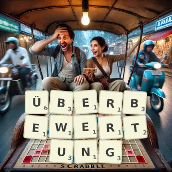 Kreative Illustration für ein Scrabble-Spiel, bei dem das Wort ÜBERBEWERTUNG mit Steinen auf dem Brett gelegt wurde.