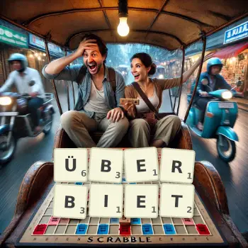 Kreative Illustration für ein Scrabble-Spiel, bei dem das Wort ÜBERBIET mit Steinen auf dem Brett gelegt wurde.