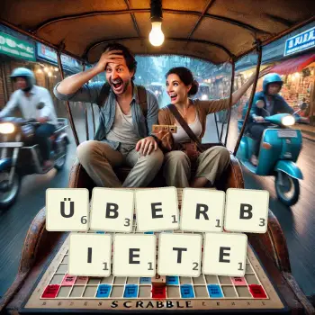 Kreative Illustration für ein Scrabble-Spiel, bei dem das Wort ÜBERBIETE mit Steinen auf dem Brett gelegt wurde.