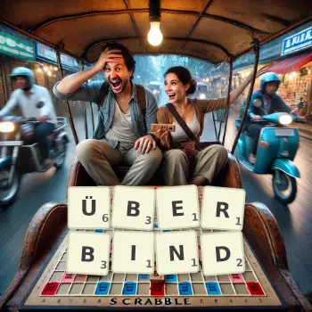 Kreative Illustration für ein Scrabble-Spiel, bei dem das Wort ÜBERBIND mit Steinen auf dem Brett gelegt wurde.