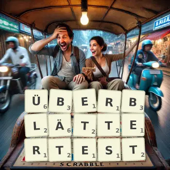 Kreative Illustration für ein Scrabble-Spiel, bei dem das Wort ÜBERBLÄTTERTEST mit Steinen auf dem Brett gelegt wurde.